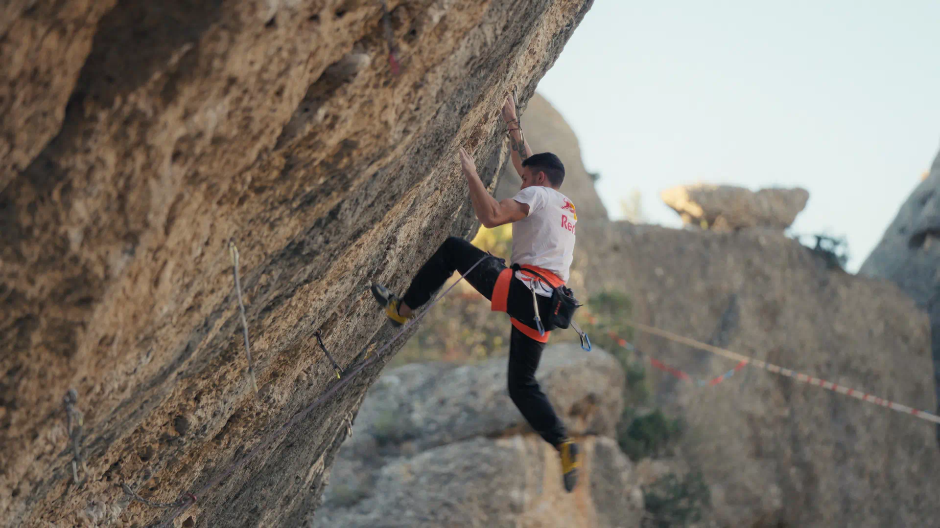 Alberto Ginés climbing in Margalef, Spain