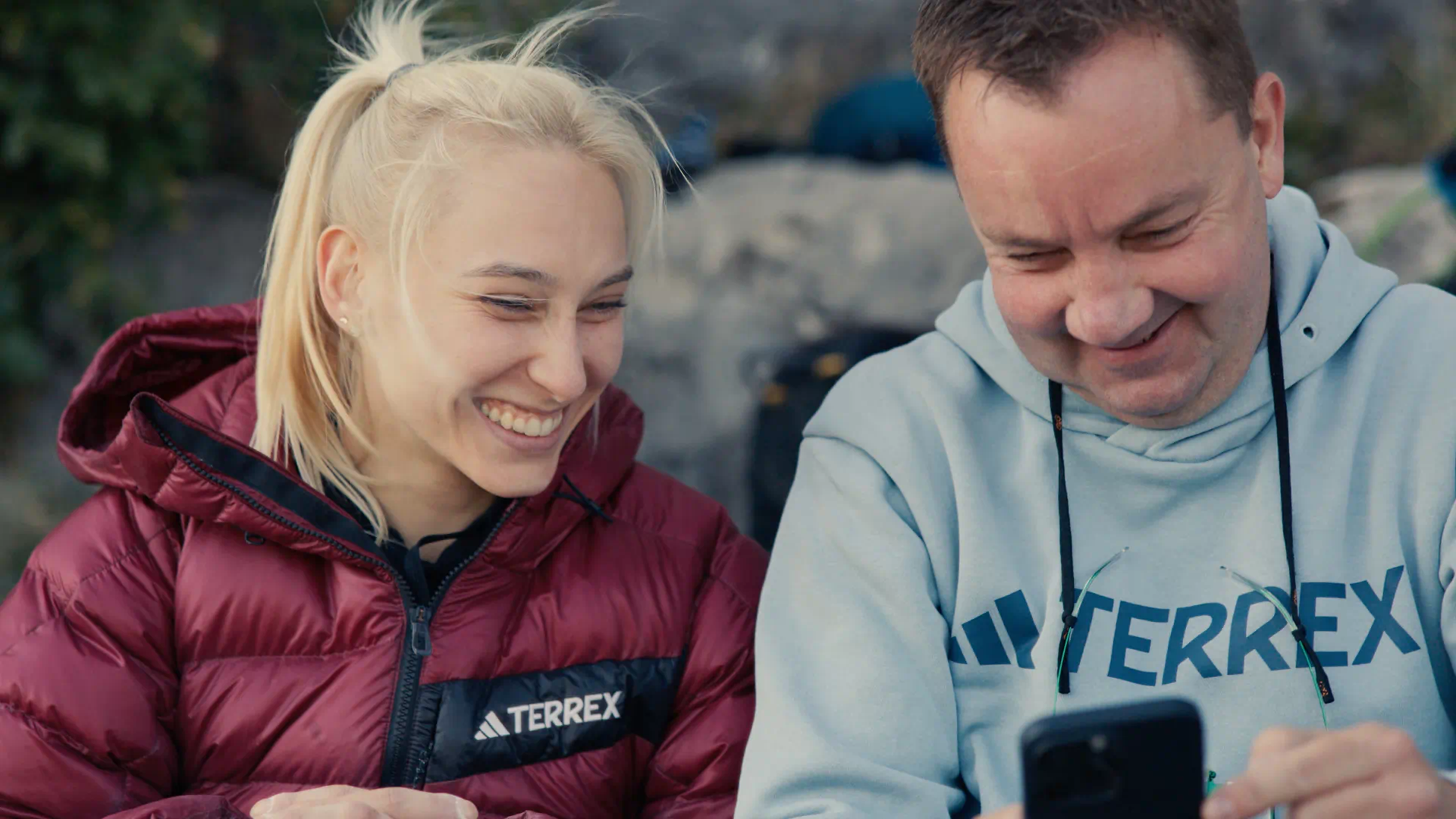 Janja Garnbret and Roman Krajnik laughing in Ceüse, France